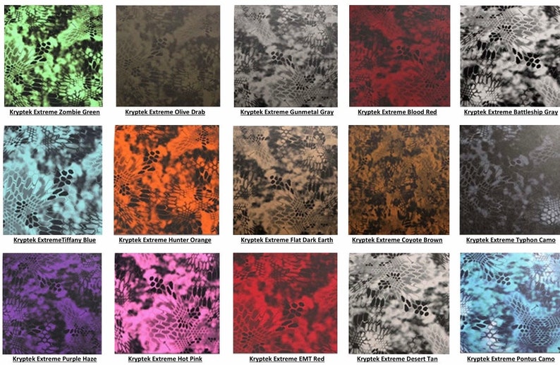 May include: A collection of 15 different Kryptek Extreme camouflage patterns, including Zombie Green, Olive Drab, Gunmetal Gray, Blood Red, Battleship Gray, Tiffany Blue, Hunter Orange, Flat Dark Earth, Coyote Brown, Typhon Camo, Purple Haze, Hot Pink, EMT Red, Desert Tan, and Pontus Camo.