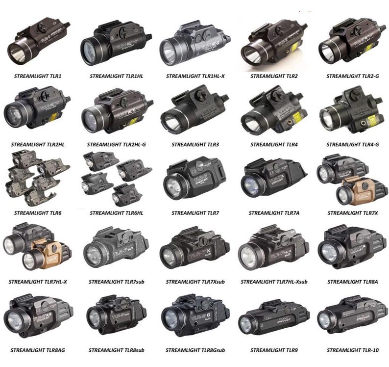 May include: A collection of 20 Streamlight TLR series tactical weapon lights. The lights are black and tan in color and feature a variety of different designs and features. The lights are arranged in rows of five, with each light labeled with its model number.