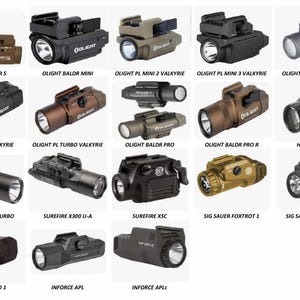 May include: A collection of 18 different tactical flashlights and weapon lights, including brands like Olight, Surefire, Inforce, and Sig Sauer. The flashlights are in various colors, including black, brown, and tan, and feature different designs and features.