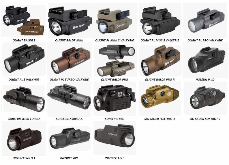 May include: A collection of 18 different tactical flashlights and weapon lights, including brands like Olight, Surefire, Inforce, and Sig Sauer. The flashlights are in various colors, including black, brown, and tan, and feature different designs and features.