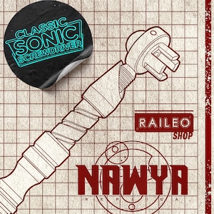 May include: A line art illustration of a sonic screwdriver on a grid background. A circular sticker in the top left corner reads CLASSIC SONIC SCREWDRIVER in neon blue. The text RAILEO SHOP and NAWYA REPLICA appear in dark red on the grid.
