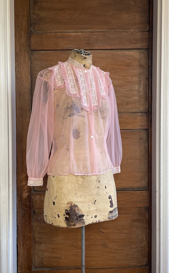 Vintage Sheer Pink Chiffon Lace Blouse