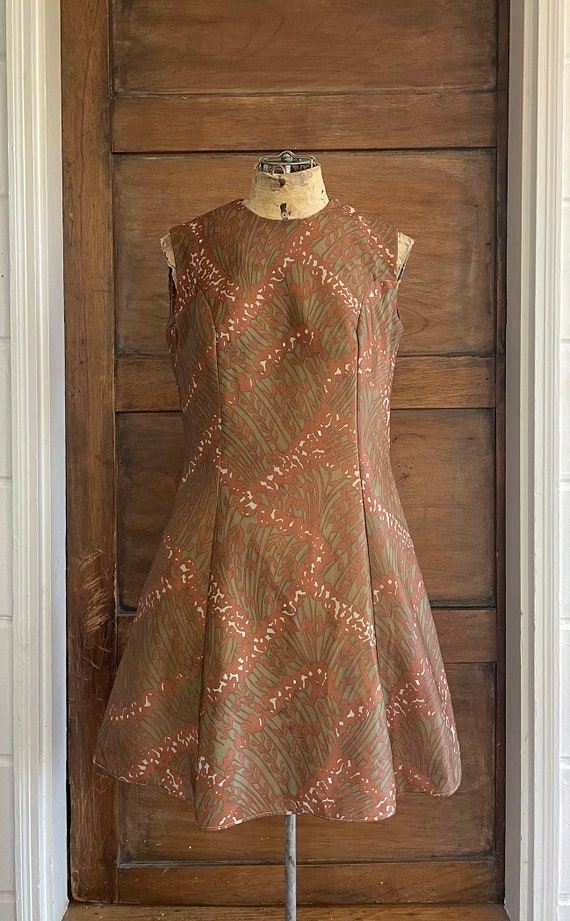 1960s Brown and Green Mini Shift Dress