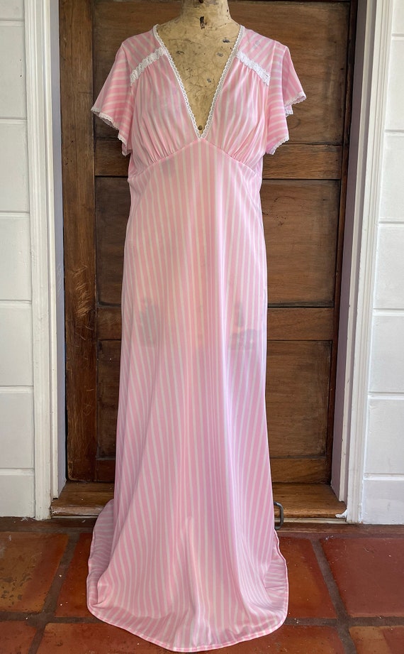 1970s Pink Striped Flutter Sleeve Nightgown - image 1