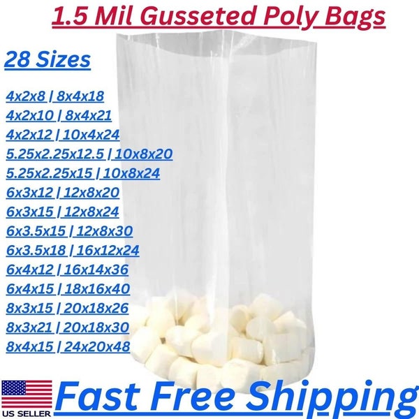 1.5Mil - Expandable Gusseted Poly Bags Clear Polyethylene Multiple Sizes Food Service Industrial Health Needs Durable Open End Plastic Bags