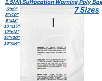 Resealable Poly Bags Suffocation Warning Clear 1.5 Mil Merchandise Shirt Apparel Plastic Bags for Cloths, Apparel, T-Shirts, Merchandise