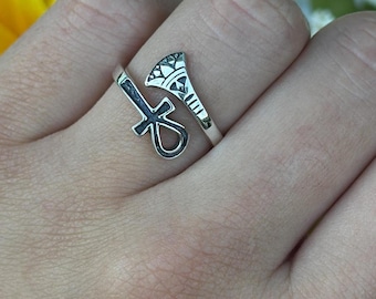 Silver Vintage Ankh & Lotus Ring | Egyptian Cross Statement Silver Key of Life Band | Unique Unisex Gift for Her 925 Sterling 13 mm