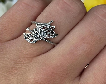 Silver Vintage Leaves Wrap Plain Ring | Leaf Cluster Statement Open Stack Band | Unique Gift for Her 925 Sterling 17 mm