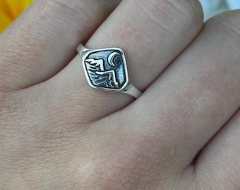 Minimalist Mountain and Moon Ring | Mountain Range & Crescent Moon Design Band | Unique Gift for Women Solid 925 Sterling Silver 11.4 mm