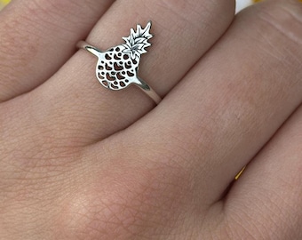 Silver Dainty Pineapple Ring | Minimalist Fruit Design Statement Band | Gift for Her 925 Sterling 14.4 mm