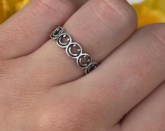 Cute Happy Faces Eternity Band Plain Ring | Minimalist Fashionable Oxidized Design | Unique Gift for Her Solid 925 Sterling Silver 5.6 mm