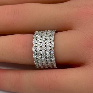 Wide Band Half Eternity Halo Art Deco CZ Ring | Minimalist Wedding Oxidized Round Stones | 925 Sterling Silver Gift for Her