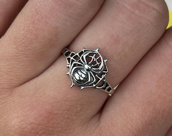 Spider on Web Plain Ring | Minimalist Statement Oxidized Band | Unique Gift for Her 925 Sterling Silver 14.5 mm