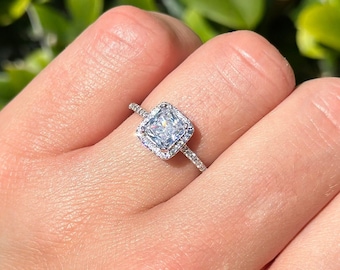 Halo Princess Cut 1.24CT Bridal Silver Band Ring Simulated Diamond Square Shape Wedding Engagement Ring 925 Sterling Silver Ring 7.5 mm