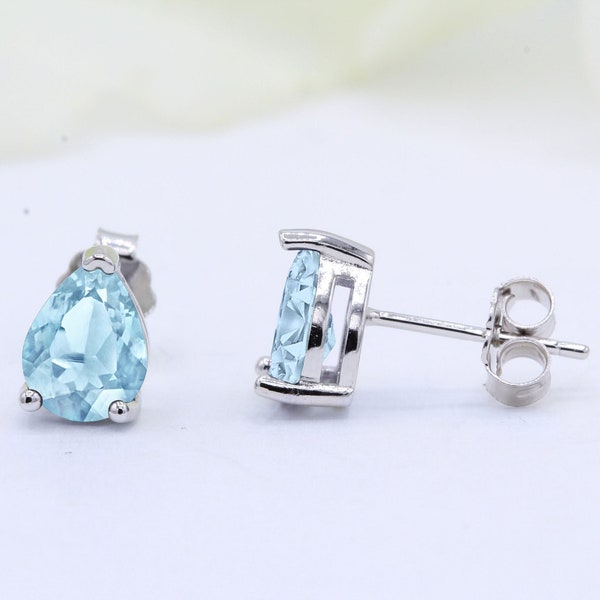 1 Pair Teardrop Pear Shape Stud 925 Sterling Silver Solitaire Aquamarine CZ Stud Post Earring Wedding Bridal Earring Bridesmaid Gift for Her