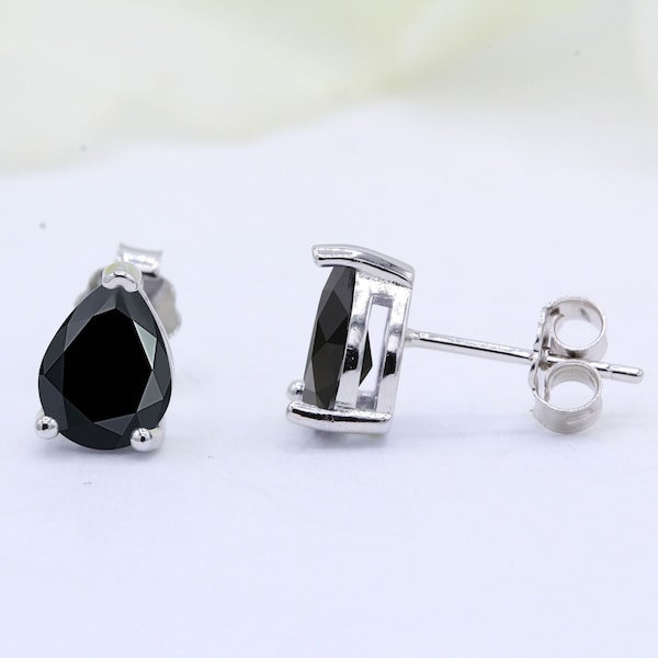 1 Pair Teardrop Pear Shape Stud 925 Sterling Silver Solitaire Black CZ Stud Post Earring Wedding Bridal Earring Bridesmaid Gift for Her