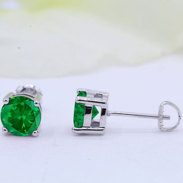 3mm 4mm 5mm 6mm 7mm 8mm Round Stud Screw Back 925 Sterling Silver Solitaire Emerald Green CZ Screw Back Stud Post Earring | Screw Back Posts