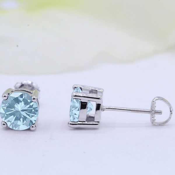 3mm 4mm 5mm 6mm 7mm 8mm Round Stud Screw Back 925 Sterling Silver Solitaire Aquamarine CZ Screw Back Stud Post Earring | Screw Back Posts