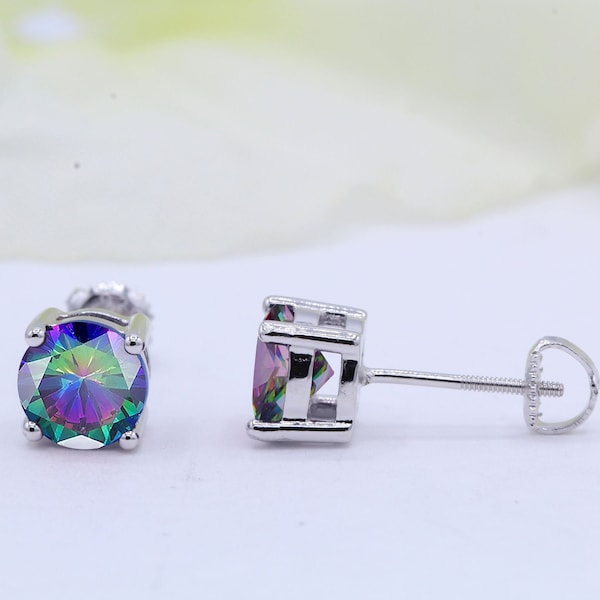 3mm 4mm 5mm 6mm 7mm 8mm Round Stud Screw Back 925 Sterling Silver Solitaire Rainbow Topaz CZ Screw Back Stud Post Earring | Screw Back Posts