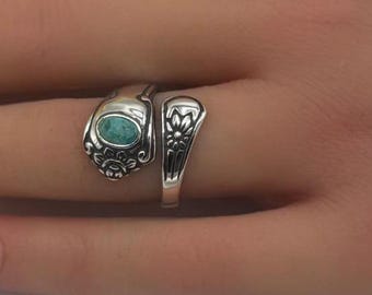 Turquoise lepelring van geoxideerd sterlingzilver: vintage stijl