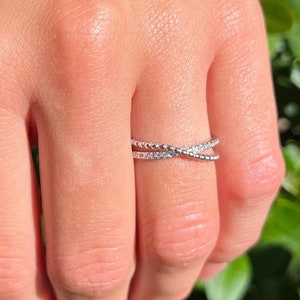 Beaded Criss Cross Half Eternity Bridal Ring Engagement Wedding Band Half Eternity Beaded Band Ring Simulated CZ 925 Sterling Silver 4 mm
