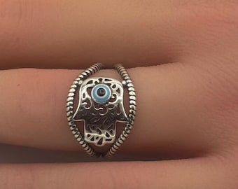 Sterling Silver Hamsa Evil Eye Ring - Simulated Turquoise
