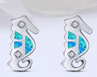 13mm Seahorse Sea Horse Earrings Women Stud Silver Jewelry Earring Lab Blue Opal Minimalist Earrings 925 Sterling Silver Earrings