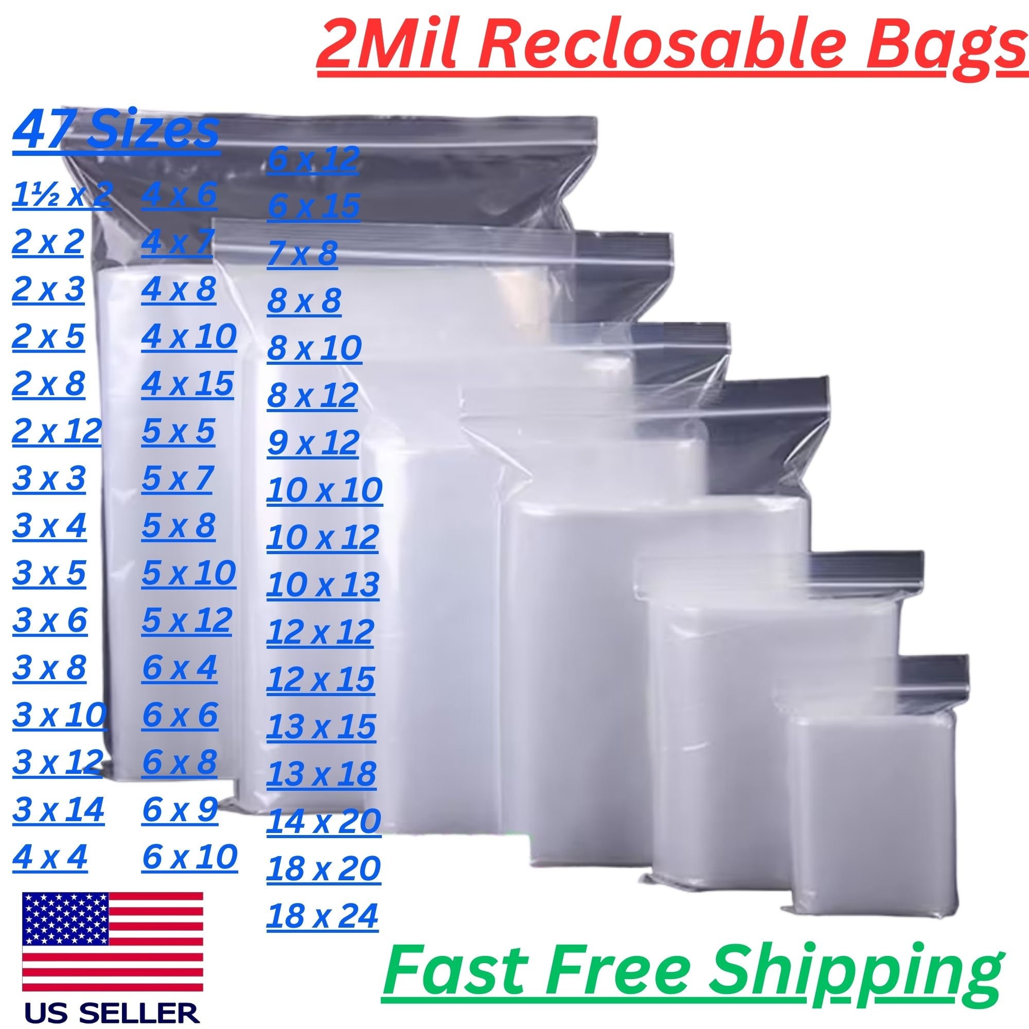 600 Zip Seal Bags Clear Assorted Baggies 2mil 100ea 1.5x1.5 1.5x2 2x2 2x3  3x3 3x4 