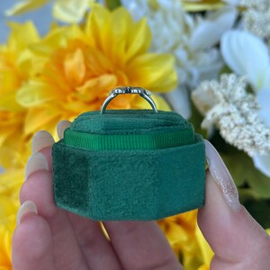 Op de afbeelding: Een zilveren ring met kleine, heldere stenen wordt gepresenteerd op een groene fluwelen ringdoos. De ring wordt in een hand gehouden, met gele en witte bloemen op de achtergrond. De ring heeft een delicaat ontwerp.