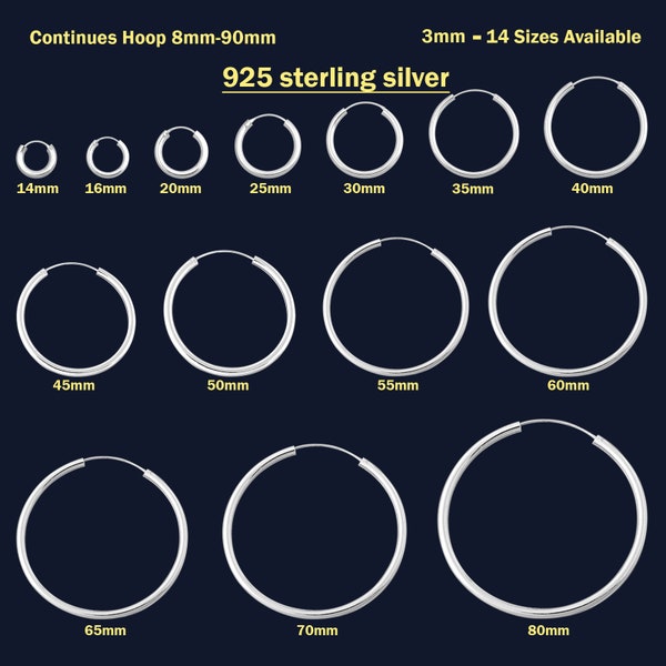 3mm Thickness 925 Sterling Silver Continuous Hoop Earrings | Endless Sleeper Hoop Earring Best Gift for Friend Multiple Diameter 14mm-80mm