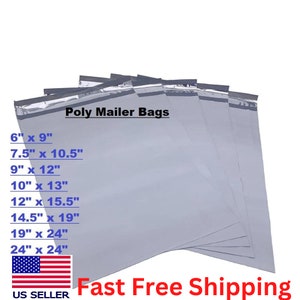 May include: A stack of white poly mailer bags with a black border and a silver strip. The bags are available in various sizes, including 6x9 inches, 7.5x10.5 inches, 9x12 inches, 10x13 inches, 12x15.5 inches, 14.5x19 inches, 19x24 inches, and 24x24 inches. The text "Poly Mailer Bags" is printed on the top of the stack. The text "US SELLER Fast Free Shipping" is printed at the bottom of the image.