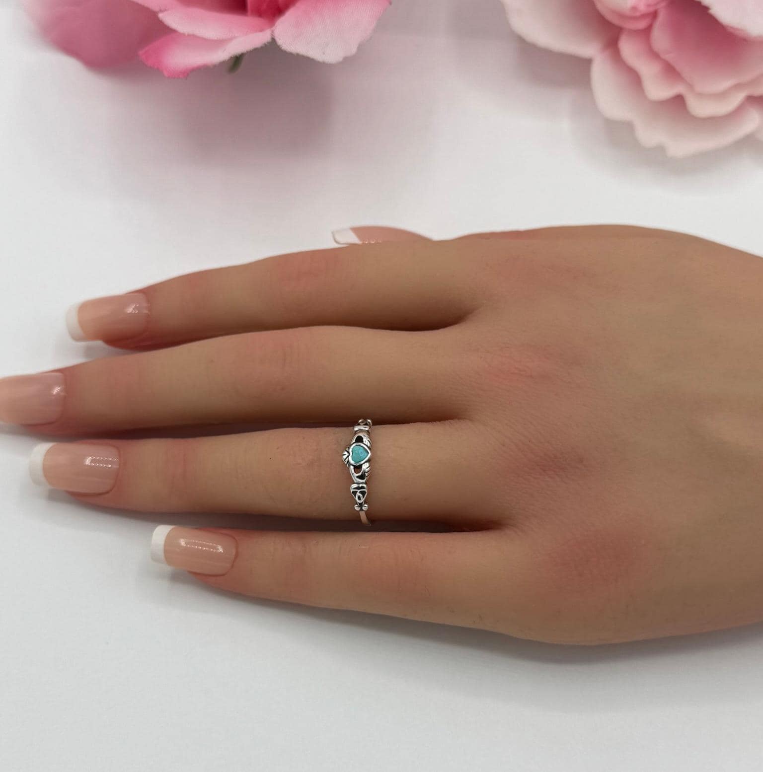 Sterling Silver Claddagh Ring: Turquoise Lab Opal, Celtic Trinity Band