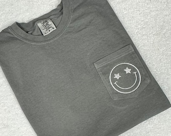 Comfort Colors Embroidered Smiley Face Pocket Tee, Starry Eyed Smile Tee, Monogram Pocket T-Shirt, Large Star Eyes Made Out of Smaller Stars
