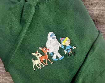 Rudolph and Friends Embroidered Christmas Crewneck Sweatshirt, Matching, 50/50 Cotton Poly Blend