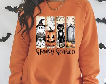 Spooky Season Sweatshirt, Black Cat Ghost Floral Design