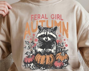 Feral Girl Autumn Sweatshirt, Racoon Pumpkin Graphic, Vintage Look