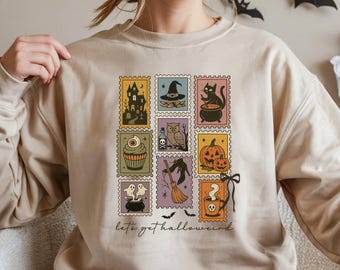 Retro Halloween Stamp Sweatshirt, Halloweird Ghost Cat Pumpkin Tee