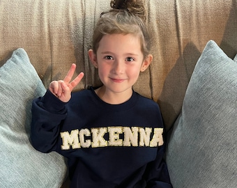 Chenille Patch Custom Name Summer Sweatshirt or T-Shirt, Sewed on Patch Crewneck, Fuzzy Patch Personalized Crewneck, Toddler, Child, Adult