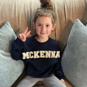 Chenille Patch Custom Name Summer Sweatshirt or T-Shirt, Sewed on Patch Crewneck, Fuzzy Patch Personalized Crewneck, Toddler, Child, Adult image 1