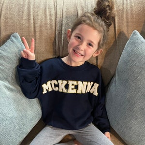 Chenille Patch Custom Name Summer Sweatshirt or T-Shirt, Sewed on Patch Crewneck, Fuzzy Patch Personalized Crewneck, Toddler, Child, Adult image 2