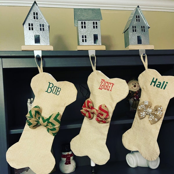 Dog Bone Custom Christmas Stocking, Burlap, Embroidered Personalized Holiday Pet Customized with Dog's Name