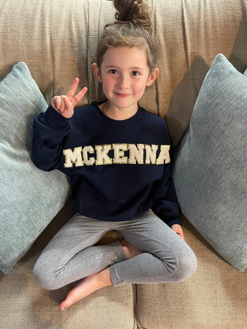 Chenille Patch Custom Name Summer Sweatshirt or T-Shirt, Sewed on Patch Crewneck, Fuzzy Patch Personalized Crewneck, Toddler, Child, Adult image 1