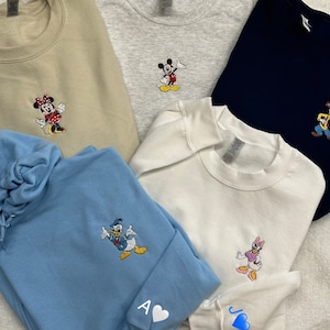 Embroidered Fab Five Sweatshirt, Vintage Minnie, Mickey, Goofy, Donald or Daisy, Sleeve Embroidery Disney Family Vacation, Disneyworld Gift