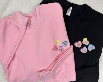 Embroidered Valentines Day Sweatshirt, Candy Conversation Hearts