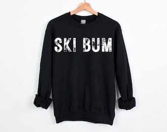 SKI BUM Distressed Print Crewneck Sweatshirt, Skiing Gift