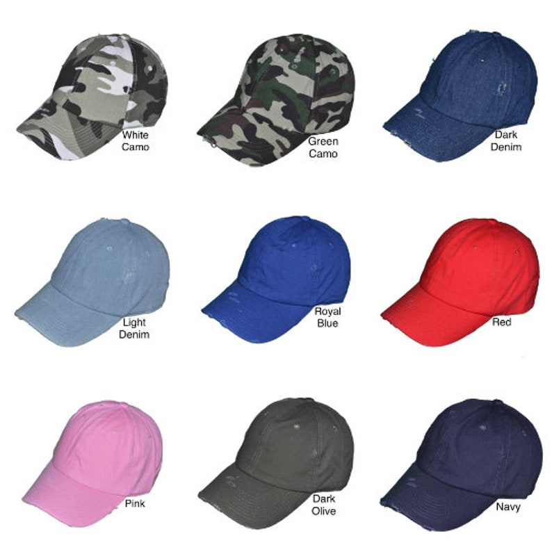 May include: Nine distressed baseball caps in various colors, including white camo, green camo, dark denim, light denim, royal blue, red, pink, dark olive, and navy.