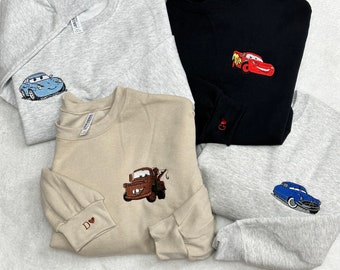 Embroidered Car Movie Characters, Couple, Embroidered Sweatshirt, Embroidered Hoodie, Personalized Couple Sweatshirt