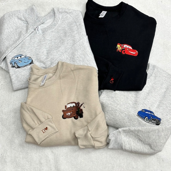 Embroidered Car Movie Characters, Couple, Embroidered Sweatshirt, Embroidered Hoodie, Personalized Couple Sweatshirt