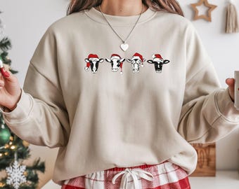 Christmas Cows with Santa Hat Embroidered Crewneck Sweatshirt, 50/50 Cotton Poly Blend