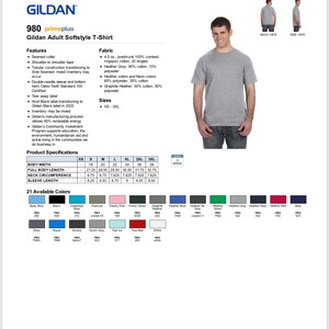 May include: A heather grey Gildan Adult Softstyle T-Shirt, with details on features, fabric, and sizes (XS-3XL). The image includes a model wearing the t-shirt and a list of available colours.